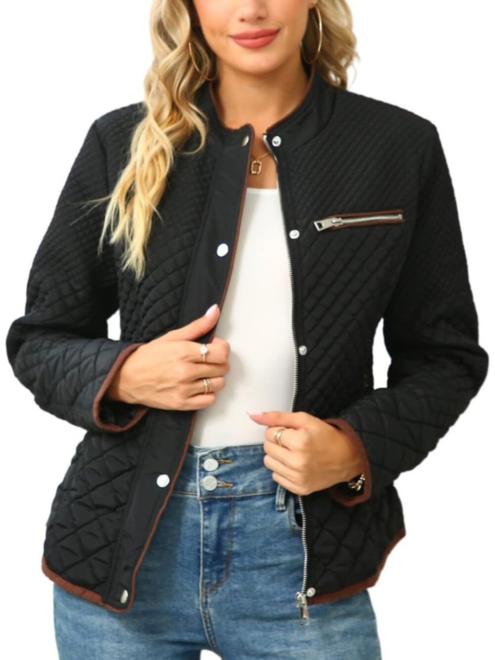 Women's Black Diamond Fleece-Lined Front Zipper Quilted Puffer Winter Jacket
